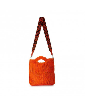 Bolso paja pequeño con bandolera estampada en color naranja